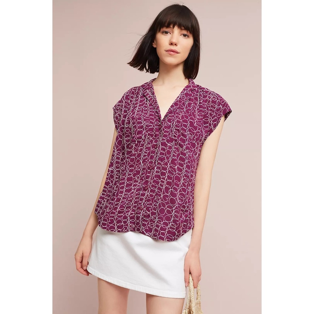 Maeve Anthropologie Purple White Geometric Artsy Feminine Raffine Blouse‎ Size S